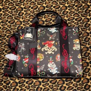 NWT Ed Hardy Black Red Logo Tattoo Skull Graphic Tote W Crossbody Strap
